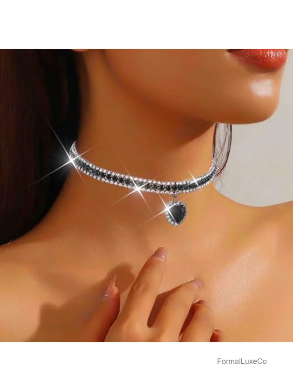 Rhinestone Choker Necklace Heart Pendant Crystal Prom Chain Jewelry for Women